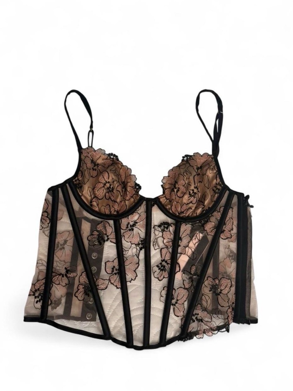 Victoria's Secret Black and Pink Corset Top with Lace Floral Detailing